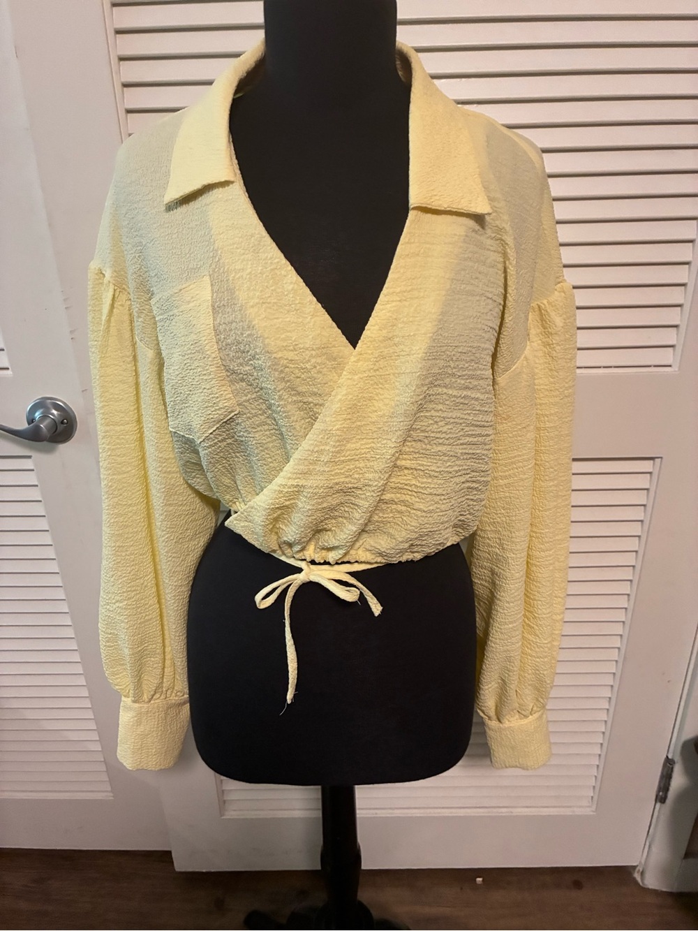 Women's Pale Yellow Wrap-Front Blouse with Drawstring Waist